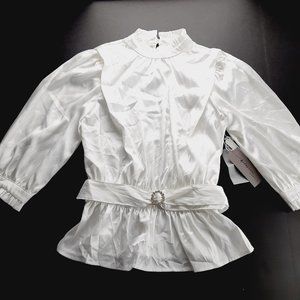 Melograno Rico Womens Belted Blouse Size Small Shimmery White Peplum Ruffle Neck